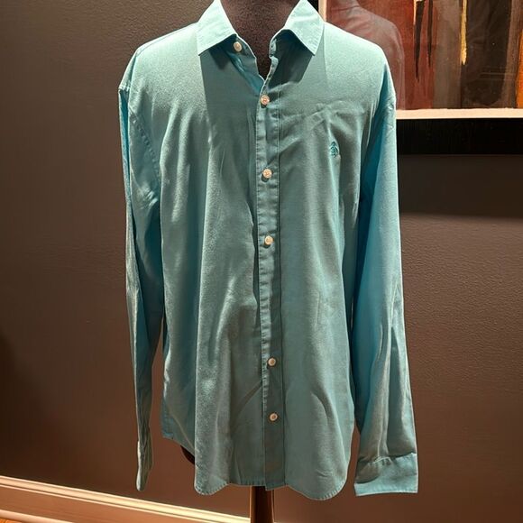 Penguin turquoise Heritage Slim Fit button down shirt. Orange gingham accents. M - Picture 1 of 8